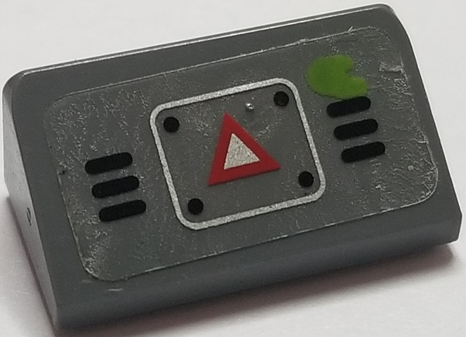 Lego Slope 30 1 x 2 x 2/3 with Red and Silver Caution Triangle on Bolted Plate, Black Vents and Lime Ooze Pattern (Sticker) - Set 70163