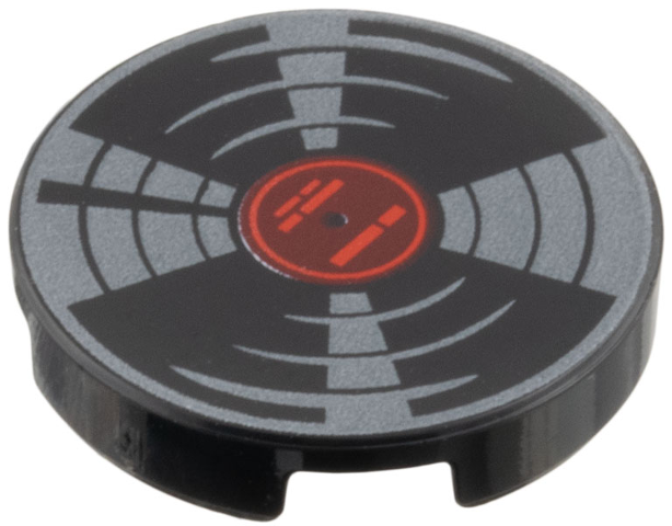 Lego Tile, Round 2 x 2 with Bottom Stud Holder with Vinyl Record with Red and Dark Red Label and Dark Silver Highlights Pattern / Black