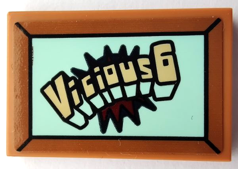 Lego Tile 2 x 3 with Frame, 'Vicious6' on Light Aqua Background Pattern (Sticker) - Set 75551 / Medium Nougat