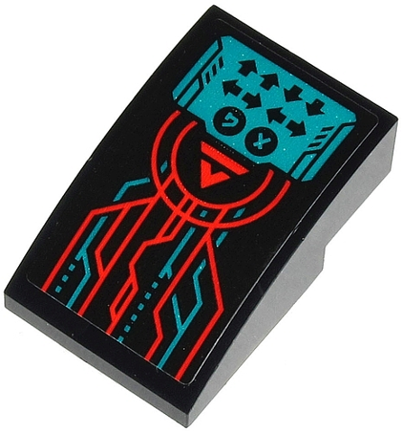 Lego Slope, Curved 3 x 2 with Red 'V' and Stripe, Control Panel with Arrows (Konami Code) and Red and Dark Turquoise Lines Pattern (Sticker) - Set 71713