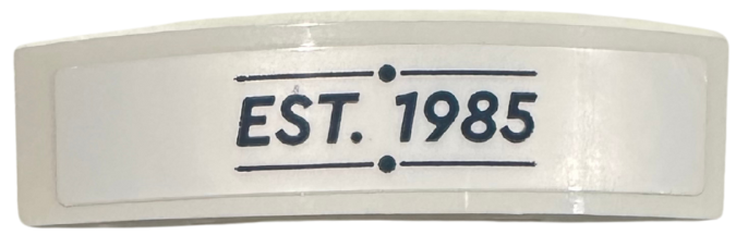 Lego Slope, Curved 4 x 1 x 2/3 Double with 'EST. 1985' Pattern (Sticker) - Set 42674 / White