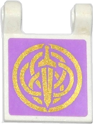 Lego Flag 2 x 2 Square with Flat Edge with Gold Sword and Celtic Knot on Medium Lavender Background Pattern (Sticker) - Set 41051 / White