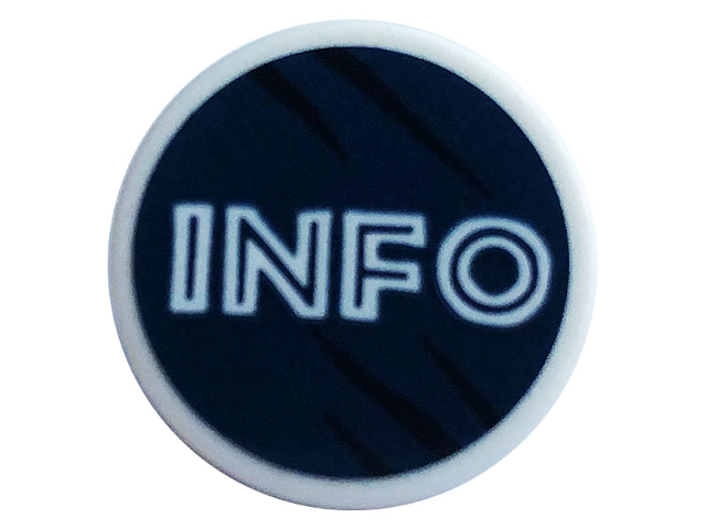 Lego Road Sign 2 x 2 Round with Clip with White 'INFO' and Black Scratches on Dark Blue Background Pattern (Sticker) - Set 75937 / White