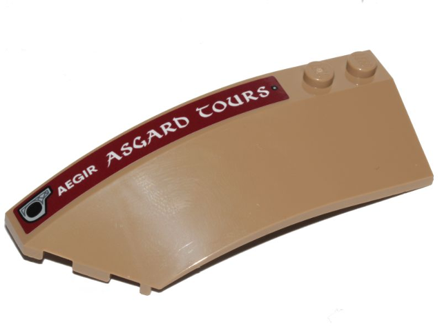 Lego Wedge 8 x 3 x 2 Open Left with White 'AEGIR ASGARD TOURS' on Dark Red Stripe Pattern (Sticker) - Set 76208 / Dark Tan