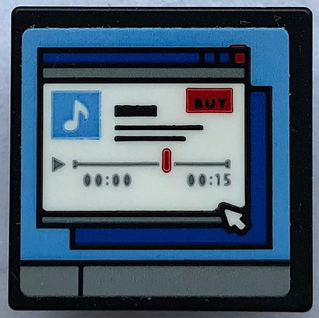 Lego Road Sign 2 x 2 Square with Open O Clip with Computer Screen, Music Note, 'BUY', '00:00', '00:15' and Mouse Cursor Pattern (Sticker) - Set 21336 / Black