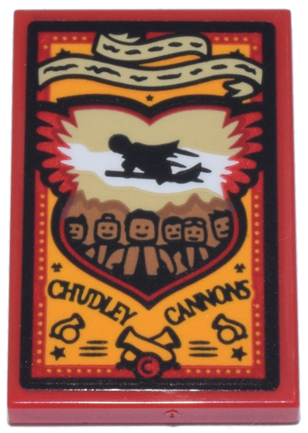 Lego Tile 2 x 3 with Poster with Tan Banner and Black Quidditch Player, Team, and 'CHUDLEY CANNONS' Pattern (Sticker) - Set 76437 / Red