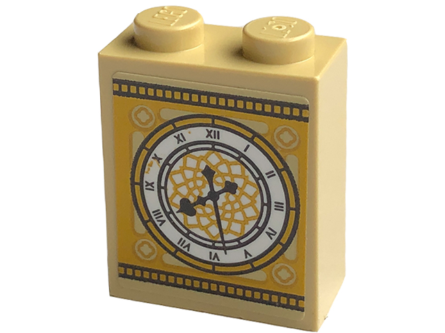 Lego Brick 1 x 2 x 2 with Inside Stud Holder with Clock Face on Gold Background Pattern (Sticker) - Set 43220 / Tan