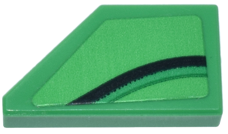 Lego Tile, Modified 1 x 2 Wedge Right with Black and Green Curved Lines Pattern (Sticker) - Set 77247 / Bright Green