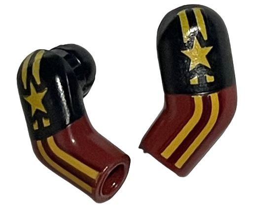 Lego Arm, (Matching Left and Right) Pair with Black Short Sleeves, Bright Light Orange Stars and Stripes Pattern / Dark Red
