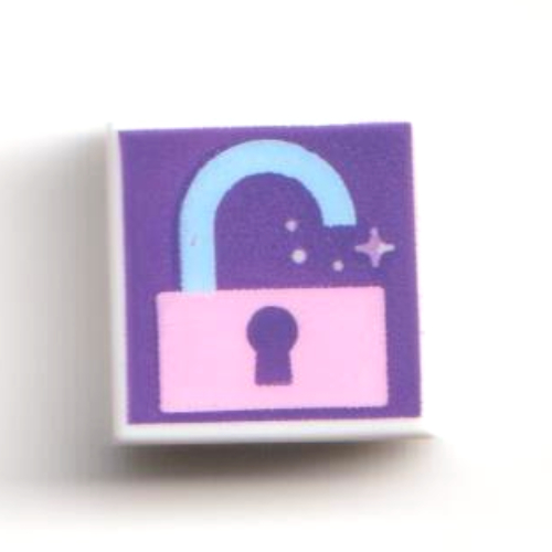 Lego Tile 1 x 1 with Bright Pink/Medium Azure Open Lock on Dark Purple Background Print / White