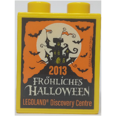 Lego Duplo Brick 1 x 2 x 2 with 'LEGOLAND Discovery Centre 2013 Fröhliches Halloween' Print / Yellow