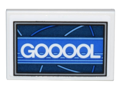 Lego Tile 2 x 3 with White 'GOOOOL' on Blue Stripe and Curved Lines on Dark Blue Background Pattern (Sticker) - Set 10299