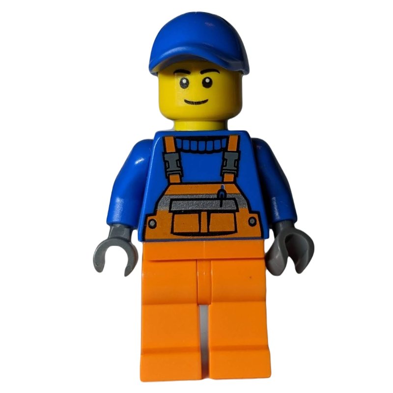Lego Construction Worker, Orange Overalls over Blue Sweater, Blue Cap