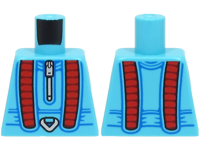 Lego Torso Jumpsuit with Red Panels, Silver Zipper and Carabiner, Dark Azure Lines Pattern / Medium Azure