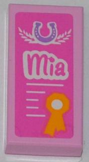 Lego Tile 1 x 2 with Horseshoe, 'Mia', and Award Ribbon on Dark Pink Background Pattern (Sticker) - Set 3189 / Bright Pink