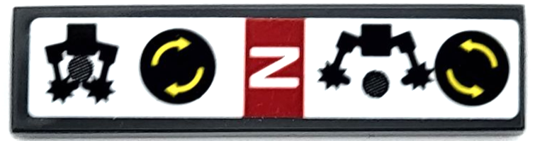Lego Tile 1 x 4 with Black and White Circular Saw Blade Operation Instructions, Capital Letter N in Red Rectangle and Yellow Curved Arrows Pattern Model Right Side (Sticker) - Set 42080 / Dark Bluish Gray