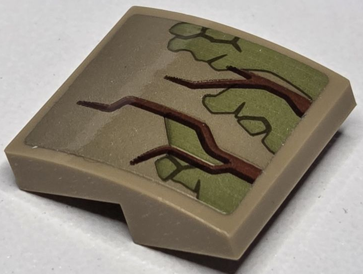 Lego Slope, Curved 2 x 2 x 2/3 with Reddish Brown and Black Tree Bark Plates and Olive Green Moss Pattern (Sticker) - Set 76217 / Dark Tan