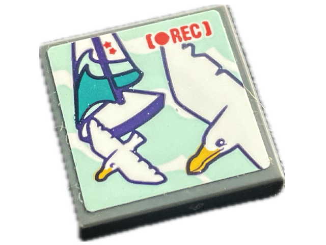 Lego Tile 2 x 2 with Coral 'REC', White Seagulls and Dark Purple Sailing Boat on Light Aqua Background Pattern (Sticker) - Set 41716 / Dark Bluish Gray