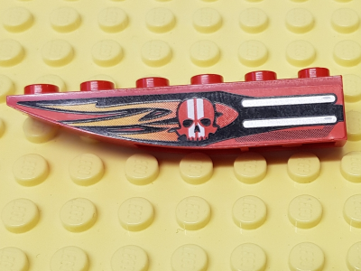 Lego Slope, Curved 6 x 1 Inverted with Black and Orange Flames and Red Skull with White Stripes Pattern Model Right Side (Sticker) - Set 8863 / Red