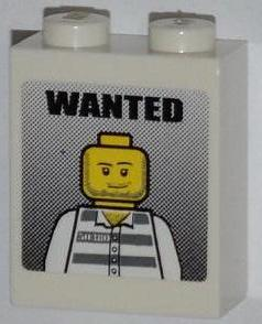 Lego Brick 1 x 2 x 2 with Inside Stud Holder with 'WANTED' and Jail Prisoner Minifigure Pattern (Sticker) - Set 7288 / White