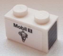 Lego Brick 1 x 2 with 'Mobil 1' and Michelin Logo on Side and Silver Grille on Black Background on End Pattern Model Left Side (Stickers) - Set 75876