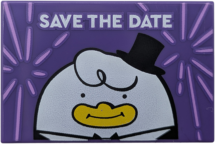Lego Tile 2 x 3 with 'SAVE THE DATE', White Bird with Yellow Mouth, Black Top Hat and Bow Tie, Lavender Fireworks Pattern