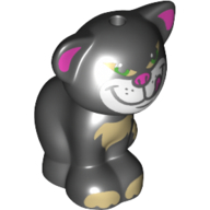 Lego Animal, Cat, Sitting Tan Paws, Front, Purple Ears, White Snout, Tongue, Mean / Black