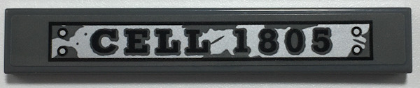 Lego Tile 1 x 6 with Black 'CELL 1805' on Silver Weathered Name Plate Pattern (Sticker) - Set 70435 / Dark Bluish Gray