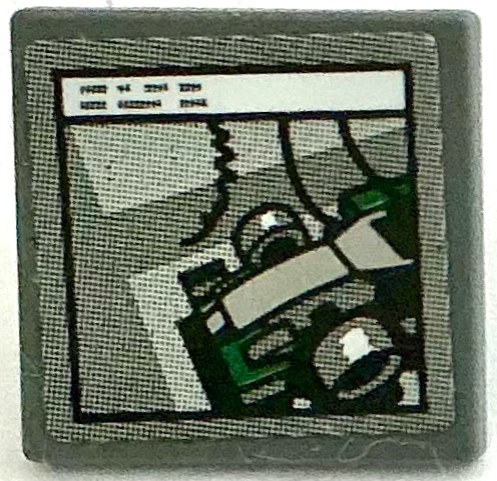 Lego Road Sign 2 x 2 Square with Open O Clip with Computer Screen with Formula 1 Race Car in Window Pattern (Sticker) - Set 75883 / Dark Bluish Gray