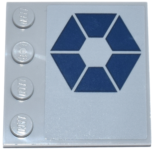 Lego Tile, Modified 4 x 4 with Studs on Edge with 6 Dark Blue Trapezoids in Hexagonal Pattern (SW Separatists Insignia) Model Left Side (Sticker) - Set 75435 / Light Bluish Gray