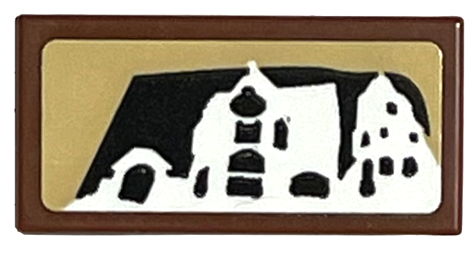 Lego Tile 1 x 2 with White Set 4757 Hogwarts Castle Silhouette on Black and Tan Background Pattern (Sticker) - Set 76405 / Reddish Brown
