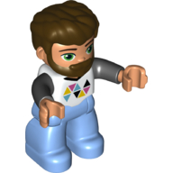 Lego Duplo Figure with Thick Hair Combed Forward and Beard Dark Brown, Medium Blue Legs, Black Arms, Multi-colored Triangles on Shirt Print