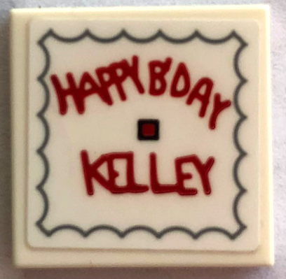 Lego Tile 2 x 2 with Red 'HAPPY B'DAY KELLEY' Pattern (Sticker) - Set 21336