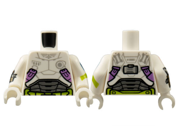 Lego Torso Armor, Light Bluish Gray Star Command Logo, Medium Lavender and Lime Trim Pattern / White Arms with Badge, Cuff Weapon, Lime Stripe Pattern / White Hands