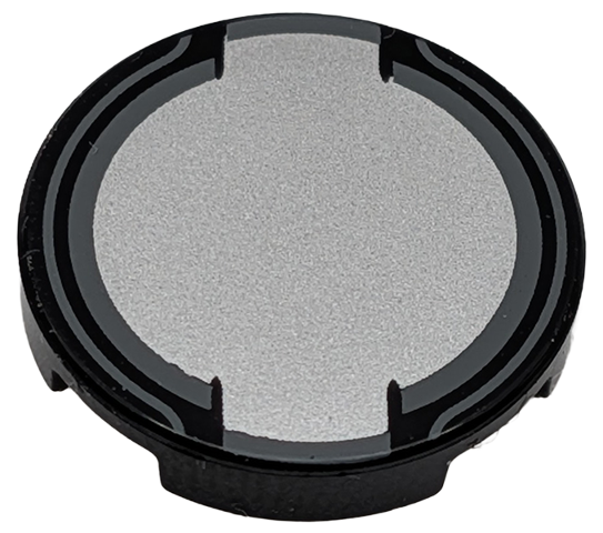 Lego Tile, Round 2 x 2 with Bottom Stud Holder with Silver Fuel Filler Cap with Dark Bluish Gray Outline and Light Bluish Gray Highlights Pattern / Black