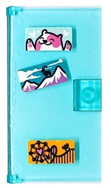 Lego Door 1 x 4 x 6 with Stud Handle with Postcards of Hamster, Goat on Snow Top Mountains, Rollercoaster Pattern (Stickers) - Set 41395 / Trans-Light Blue