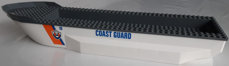 Lego Boat, Hull Unitary 51 x 12 x 6 with Side Bulges with Dark Bluish Gray Top with Blue 'COAST GUARD' and Logo Pattern on Both Sides (Stickers) - Set 60167