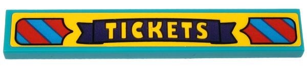 Lego Tile 1 x 6 with Bright Light Orange 'TICKETS' on Dark Purple Banner and Red and Dark Azure Stripes Pattern (Sticker) - Set 70432