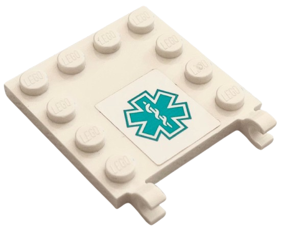 Lego Tile, Modified 4 x 4 with Studs on Edges and 2 Open O Clips (Horizontal Grip) with Dark Turquoise EMT Star of Life Pattern (Sticker) - Set 60405 / White