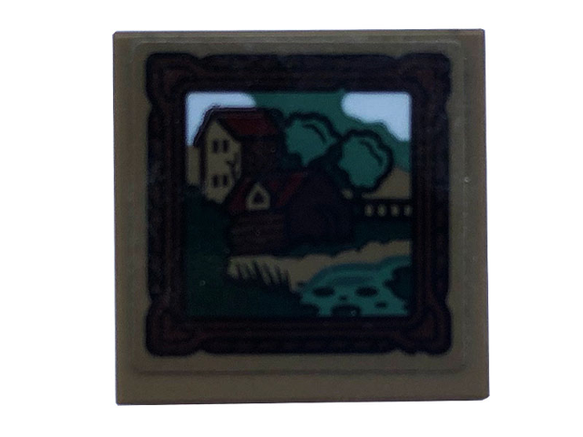 Lego Tile 2 x 2 with Picture, Wood Frame, Trees, Houses and Stream Pattern (Sticker) - Set 40410 / Dark Tan
