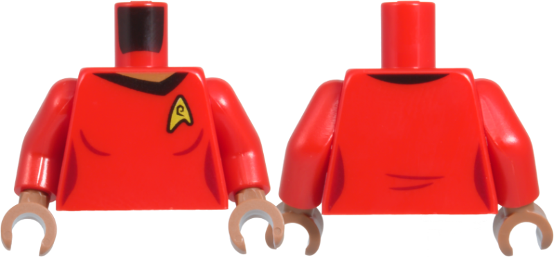 Lego Torso Female Uniform Vest with Gold Star Trek Starfleet Insignia and 'e' Engineering Operations Logo, Medium Brown Neck, Dark Red Trim Lines, Sides and Creases Pattern / Red Arms / Medium Brown Hands