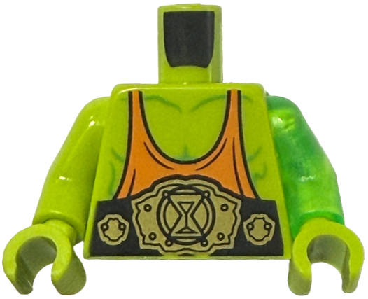 Lego Torso with Muscles Outline, Orange Tank Top, Black and Gold Wrestling Belt with 'Z-Blob' on Back Pattern (BAM) / Trans-Bright Green Arm Left / Lime Arm Right / Lime Hands