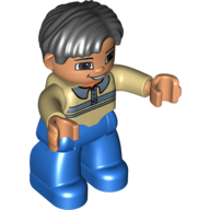 Lego Duplo Figure Side Parted Hair Black, with Blue Legs, Shirt with Collars Print, Brown Eyes, Nougat Hands