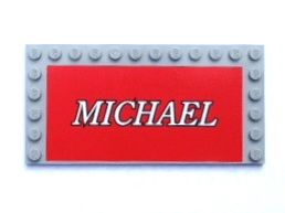 Lego Tile, Modified 6 x 12 with Studs on Edges with White 'MICHAEL' on Red Background Pattern (Sticker) - Set 8144-1 / Light Bluish Gray