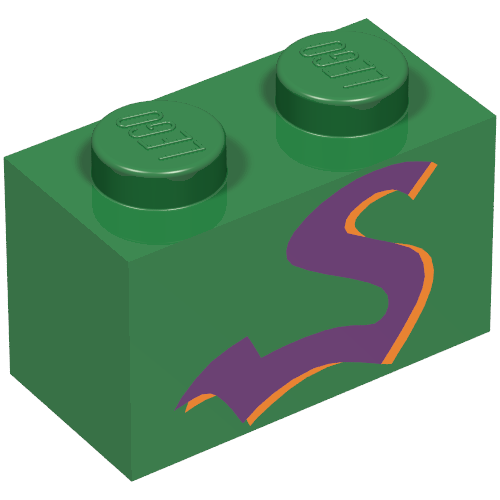 Lego Brick 1 x 2 with Purple Snake Print / Green