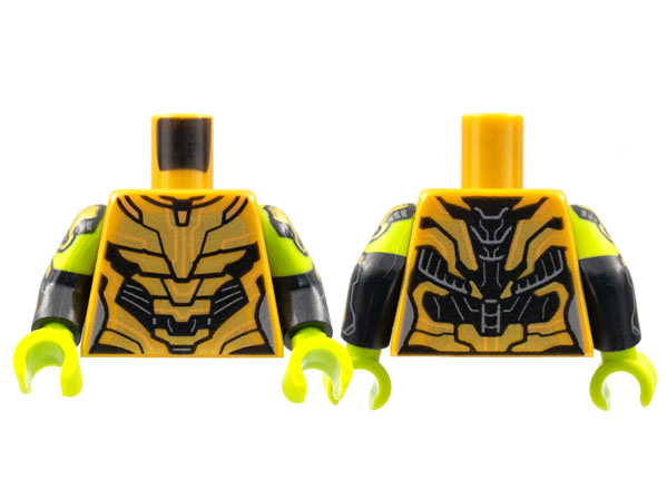 Lego Torso Female Armor, Gold Plates, Black Trim Pattern (Gamora) / Black Arms with Lime Short Sleeves, Gold Armor Pattern / Lime Hands