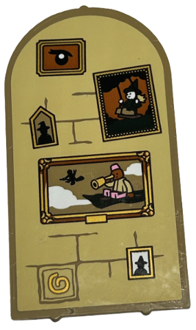 Lego Glass for Door Frame 1 x 6 x 7 Arched with Notches and Rounded Pillars with Pictures of Eye, Wizard, Witch, Spiral and Minifigure with Telescope on Tan Background with Bricks Pattern (Sticker) - Set 40577