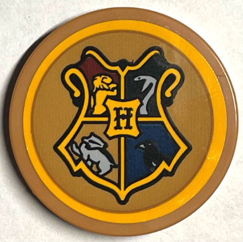Lego Tile, Round 3 x 3 with Hogwarts Coat of Arms Crest with Bright Light Orange Border Pattern (Sticker) - Set 76399