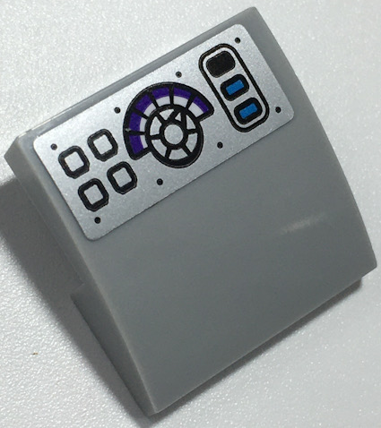 Lego Slope, Curved 2 x 2 x 2/3 with Black and Dark Azure Buttons, Dial, and Rivets on Silver Background Pattern (Sticker) - Set 70424