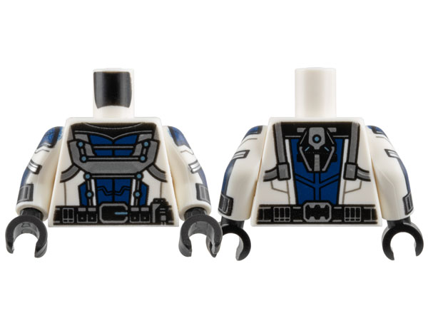 Lego Torso Armor with Dark Blue Center Panel, Silver Trim, Black Collar, and Metallic Light Blue Dots, Utility Belt Pattern / White Arms with Black Cuffs, Dark Blue Armor, Metallic Light Blue Dots, and Silver Trim Pattern / Black Hands